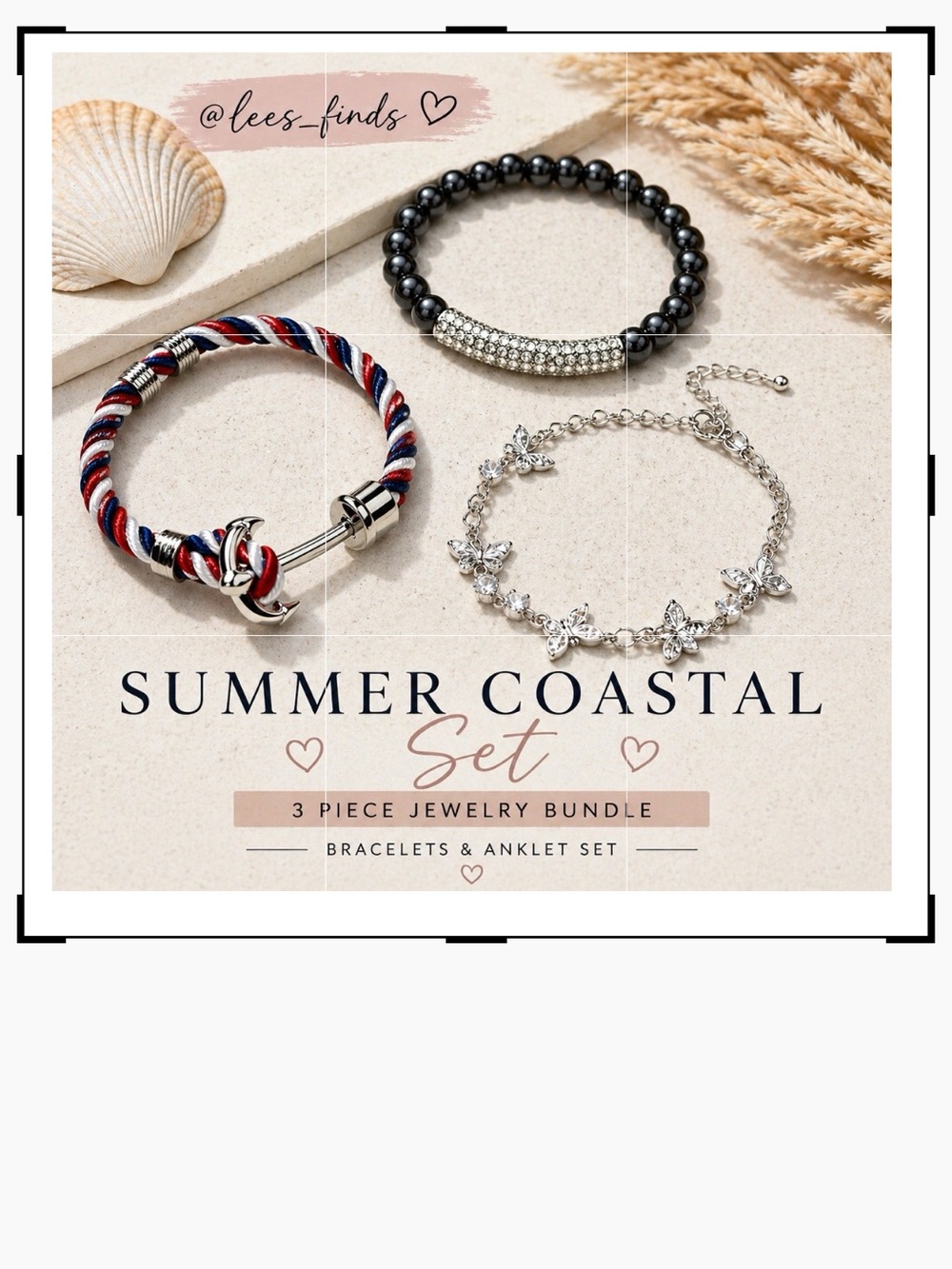 Summer Coastal 3-Piece Bracelet & Anklet Set - Navy, Red, Silver